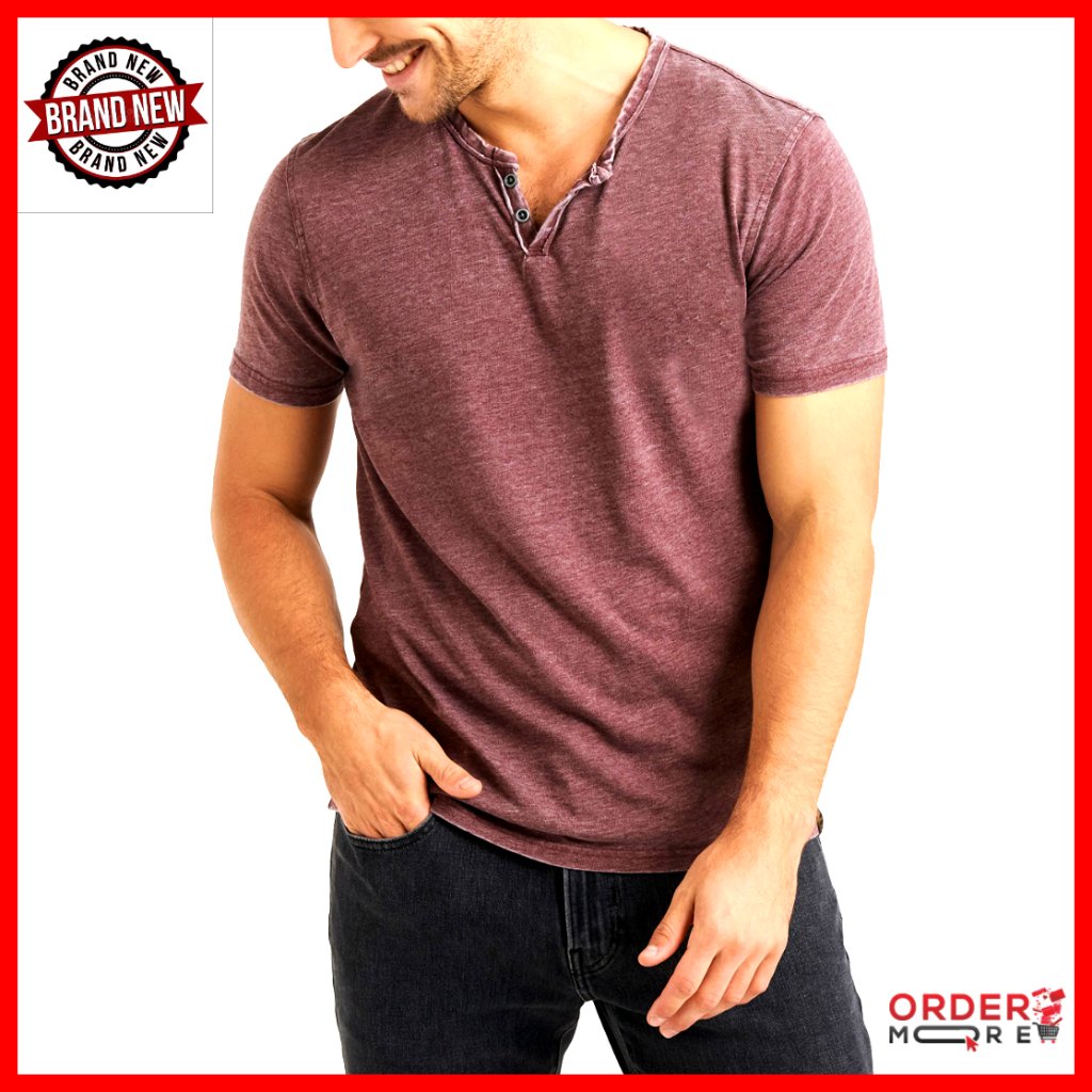 Men's Burnout Notch Neck Tee Shirt Short Sleeve Cotton Blend Regular Fit